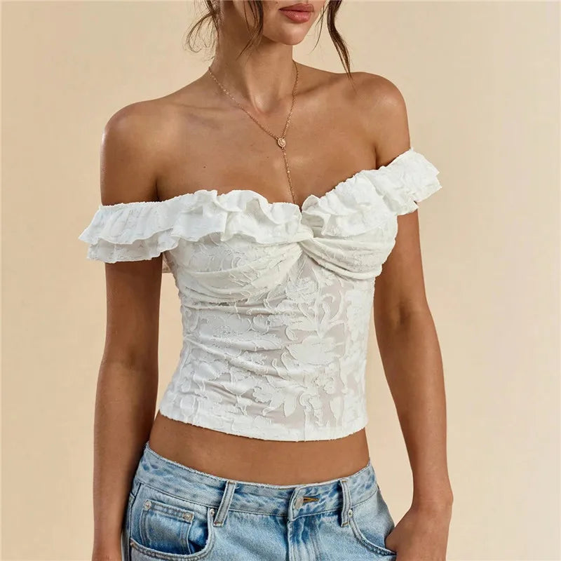 Women Off Shoulder Lace Crop Top Solid Ruffle Trim Floral Embroidery Twist Front Slim Fit Party Clubwear Short Blouse