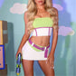Women Color Block Strapless Tube Top Ruched Mini Bodycon Skirt Set With Belt Y2K Cartoon Cosplay Costume