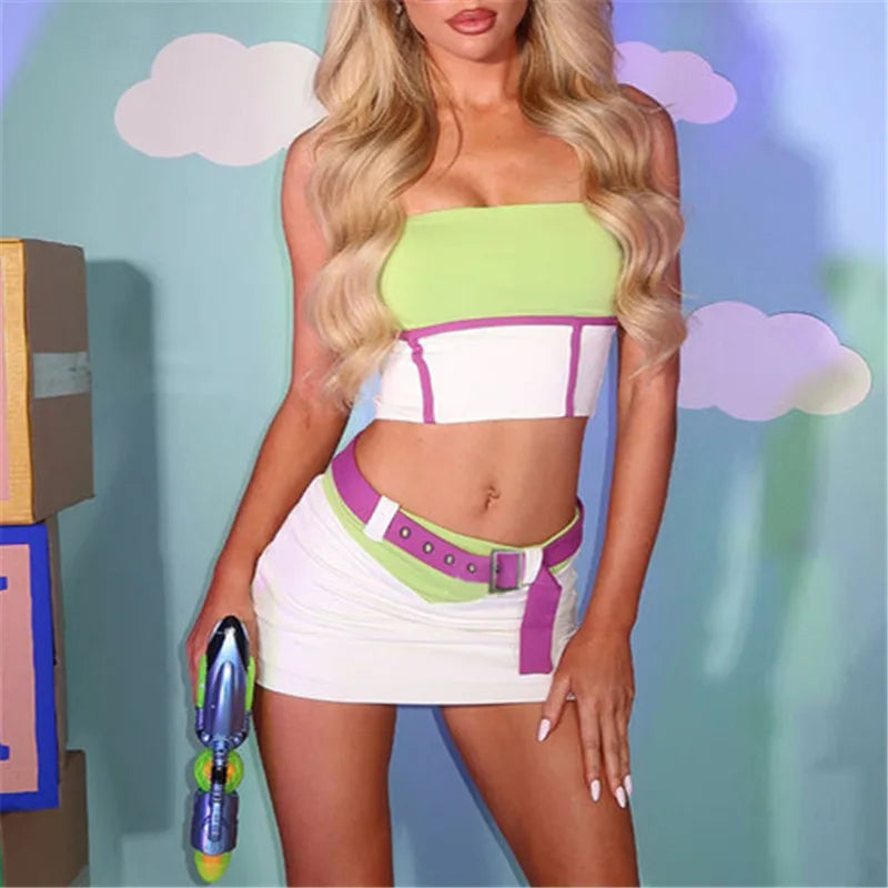 Women Color Block Strapless Tube Top Ruched Mini Bodycon Skirt Set With Belt Y2K Cartoon Cosplay Costume