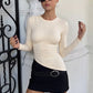 Crew Neck Long Sleeve Asymmetrical Tops Solid Color Tight Fitted T Shirts Fashion Fall Clothes Woman