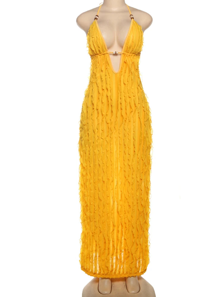 Ruched Elegant Maxi Dress Women Beads Lace-Up Halter Low-Neck Backless Vacation Street Fashion Solid Skinny Vestidos