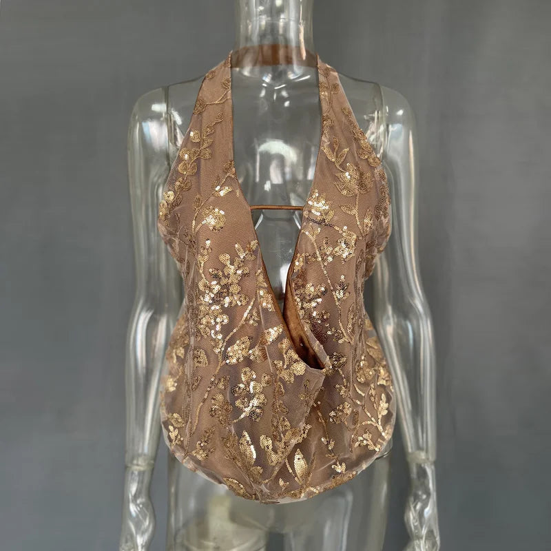 Sexy Glitter Sequin Tank Tops Women Y2K Fashion Deep V-neck Hollow Out Cropped Tops Tee Summer New Backless Beach Tops