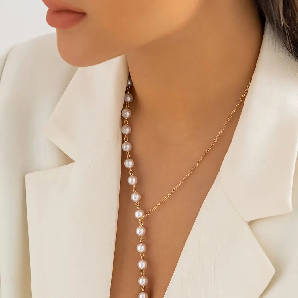 Elegant Asymmetric Imitation Pearl Chest Chain Necklace Women Wed Bridal Kpop Bead Long Choker Accessories Jewelry New