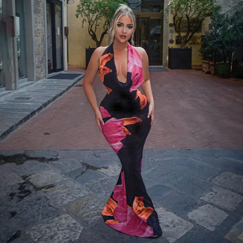Floral Printed Halter Backless Maxi Dress Summer Vacation Outfits Elegant Evening Party Dresses Woman