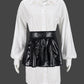 Contrast Casual 2 Piece Set Women Rhinestones Single-Breasted Puff Sleeve Shirt+High-Waisted Leather Mini Skirts Suit