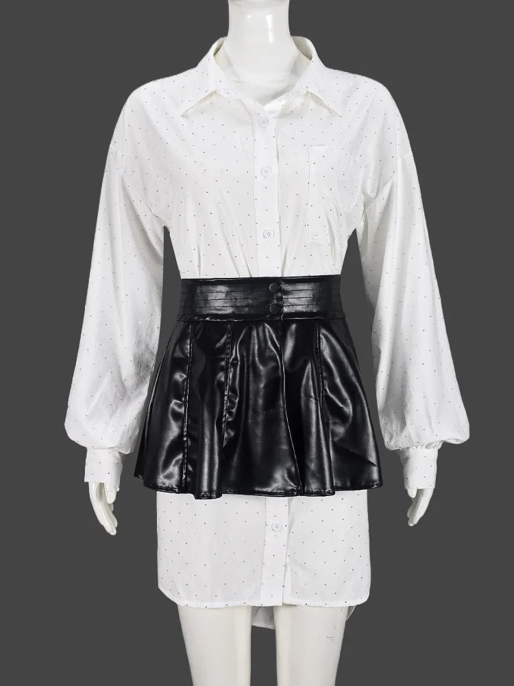 Contrast Casual 2 Piece Set Women Rhinestones Single-Breasted Puff Sleeve Shirt+High-Waisted Leather Mini Skirts Suit