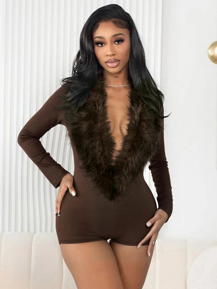 Luxury Fur Deep V Collar Romper Women Full Sleeve Sexy Skinny Fitness Activity Streetwear Hipster Workout Playsuit