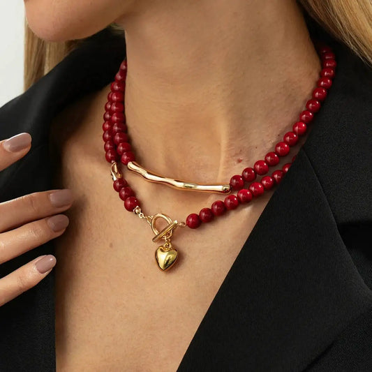 2Pcs/Set Goth Love Heart OT Buckle Pendant Choker Necklace for Women Vintage Red Plastic Beads Chain Daily Jewelry Gift