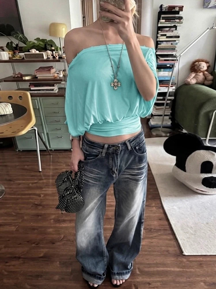 Loose t-Shirt Women Off-Shoulder Batwing Sleeve Folds Leisure Comfortable Summer Fashion Daily Commute Streetwear