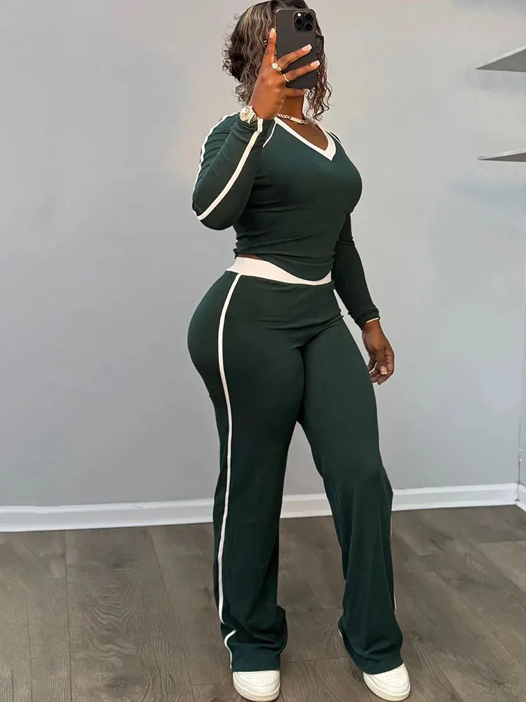 Sporty Simple Contrast Patchwork 2 Piece Set Woman V-Neck Full Sleeve Tops+Skinny Long Pants Casual Style Classic Outfits