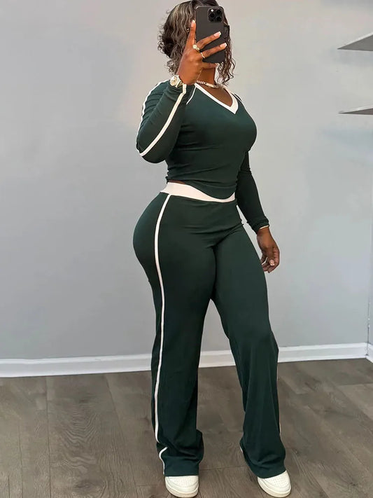 Sporty Simple Contrast Patchwork 2 Piece Set Woman V-Neck Full Sleeve Tops+Skinny Long Pants Casual Style Classic Outfits