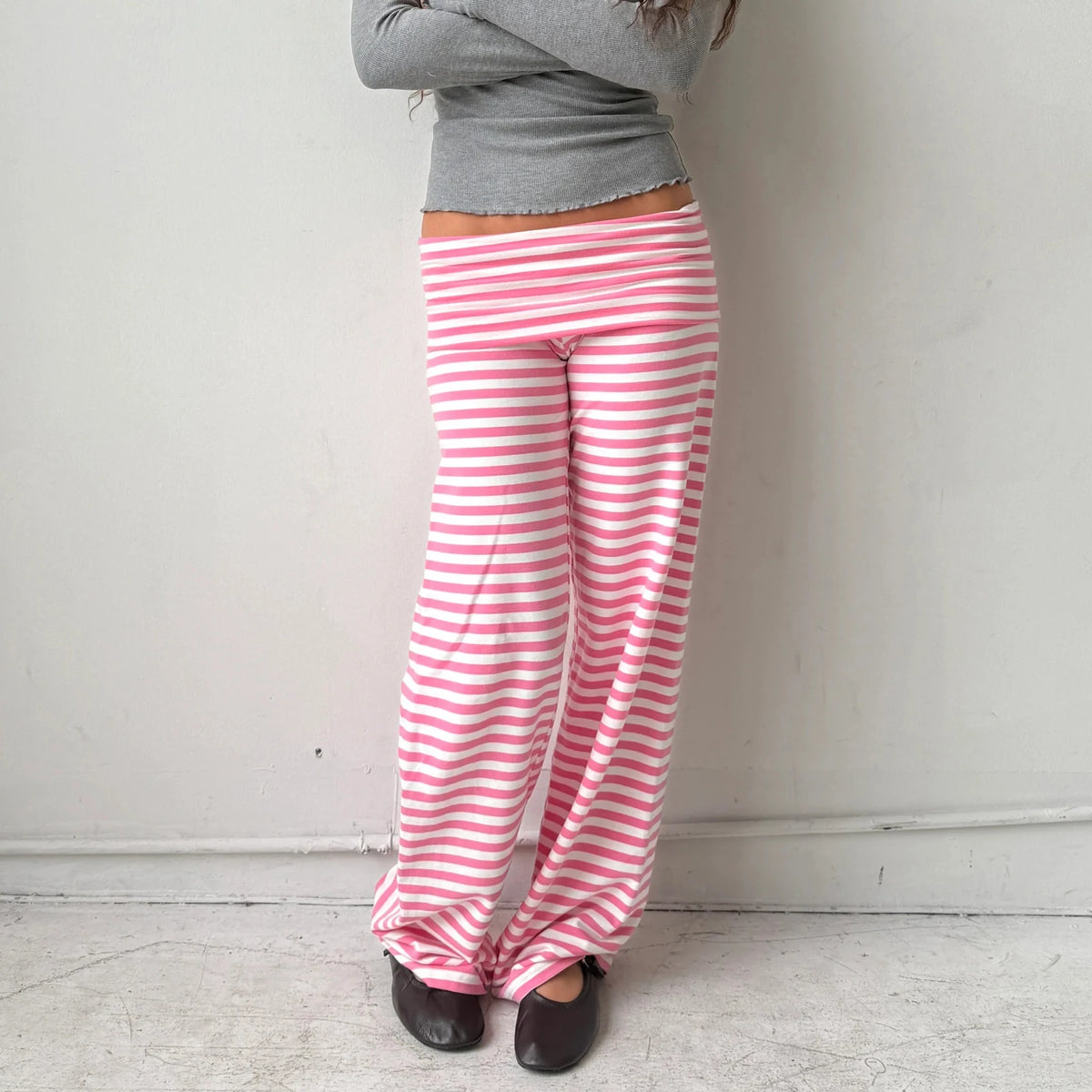 Y2K Fold Over Wide Leg Pants Preppy Women Striped Patchwork Low Waist Trousers Female Casual Lounge Yoga Sweatpants