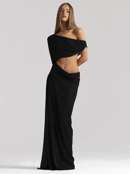 Off Shoulder Cutout Sexy Maxi Dress Women Elegant Draped Slinky Ruched Bodycon Cocktail Evening Party Dresses Gown