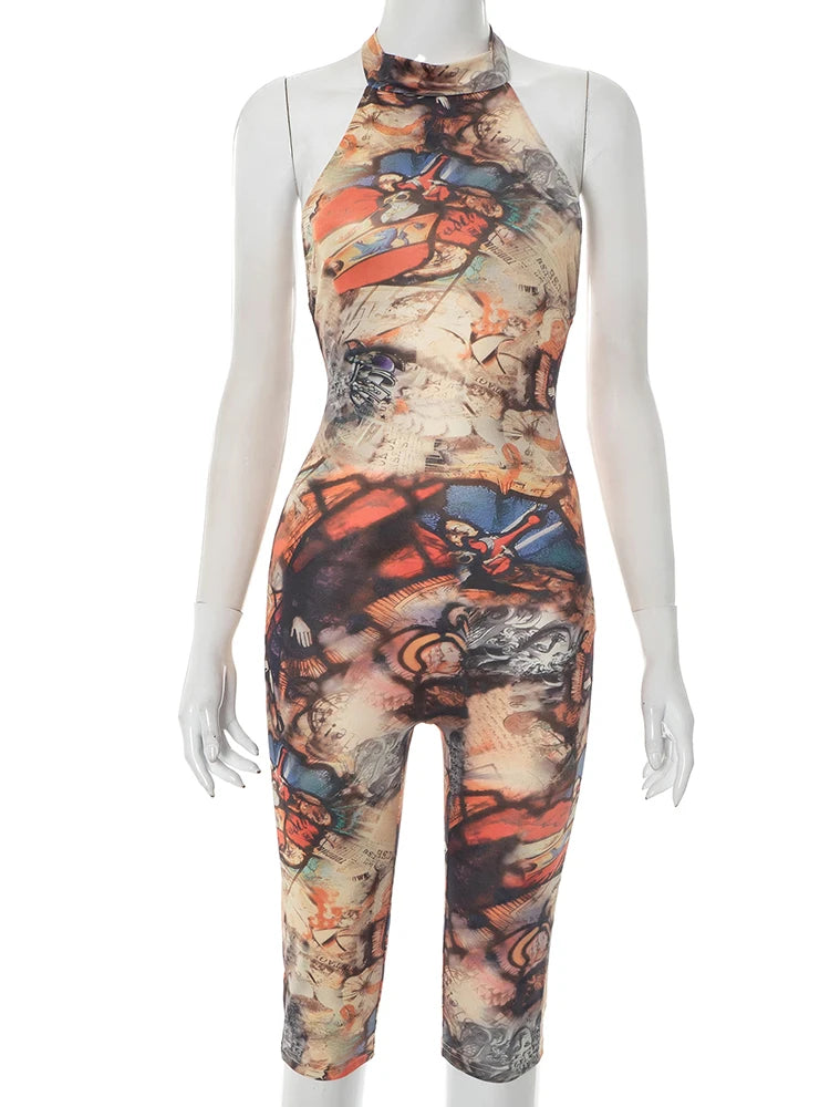 Aesthetics Print Jumpsuits Women Halter Sexy Backless Skinny Peach Buttocks Midnight Club Party Wild Styel Overalls