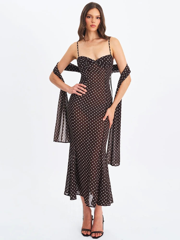 Polka Dot Backless Sexy Maxi Dress Women Elegant Sweetheart Neck Spaghetti Strap Sleeveless Bodycon Club Party Dresses