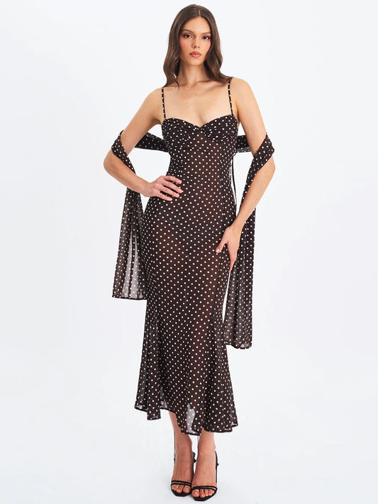 Polka Dot Backless Sexy Maxi Dress Women Elegant Sweetheart Neck Spaghetti Strap Sleeveless Bodycon Club Party Dresses