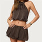 Women's 2 Piece Skirt Set Summer Solid Color Sleeveless Backless Halter Crop Tops with Bubble Mini Skirt Party Clubwear
