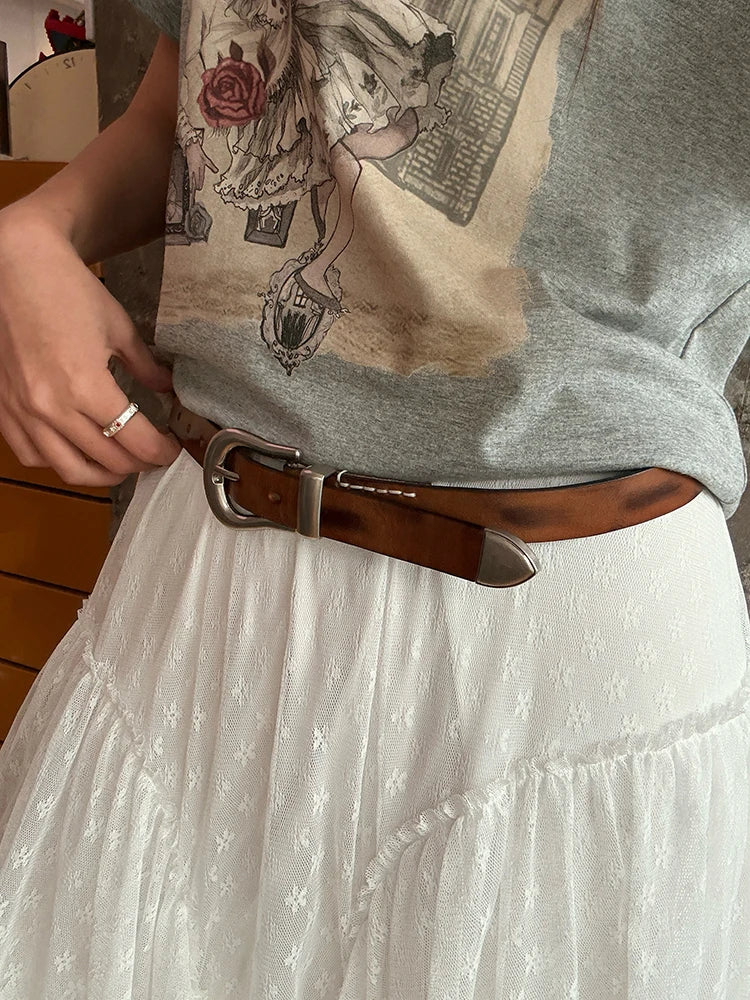 Simple Versatile Semi-Circle Metal Buckle Belt Retro Vintage for Women