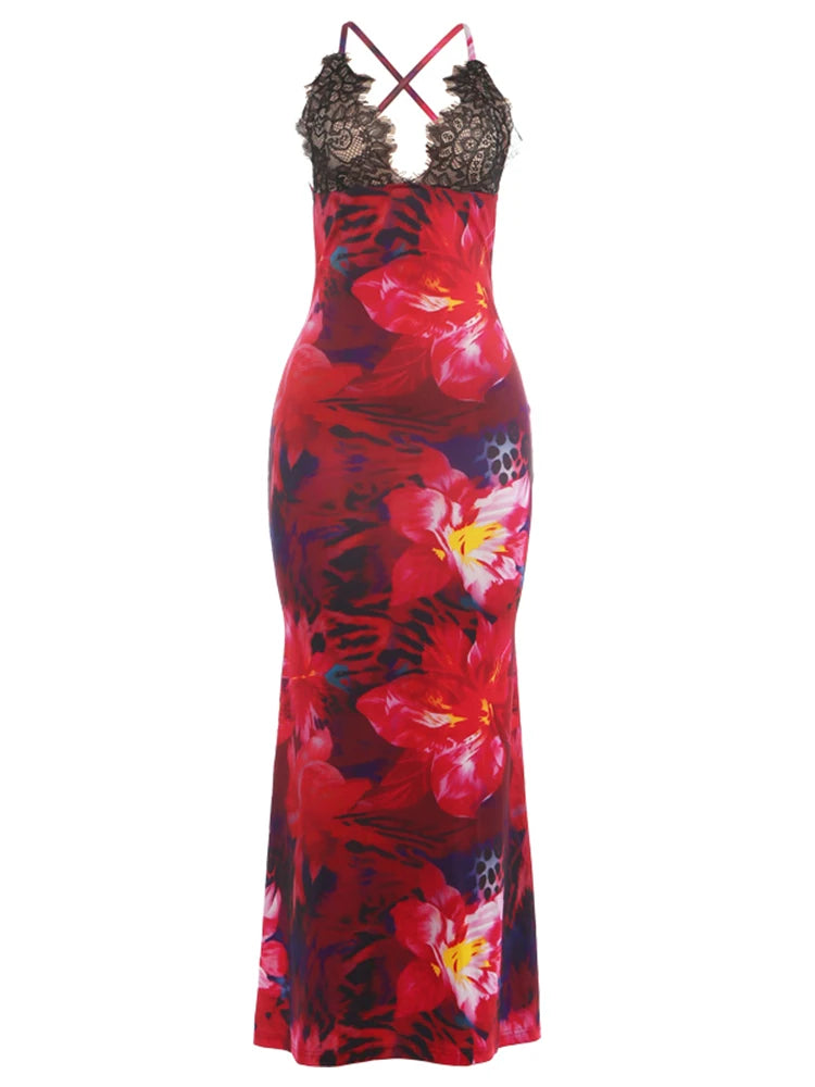 Lace Patchwork Sling Dress Woman Flower Print Low-Neck Cross Bandage Backless Summer Street Sexy Fashion Long Bodycon