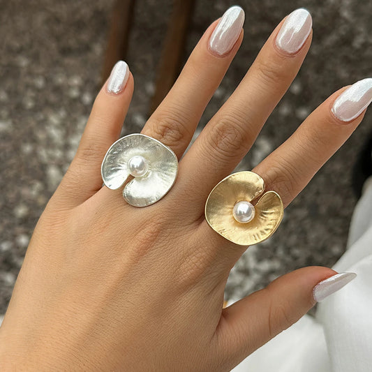 2Pcs Punk Creative Imitation Pearl Lotus Leaves Open Rings Set for Women Goth Gold Color Geometric Finger Ring Wed Accessories