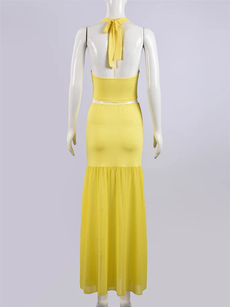 Sexy Fashion 2 Piece Set Women Metal Flower Decoration Halter Hollow Tops+Mesh Patchwork Long Skirts Elegant Outfits