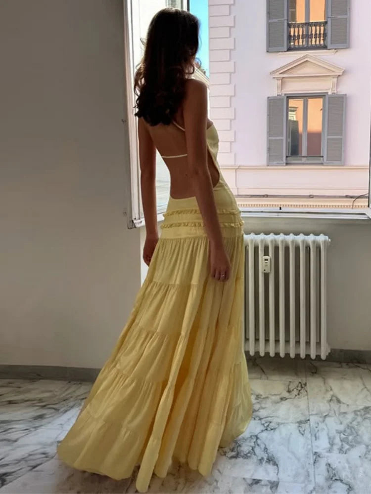 One Shoulder Backless Frilly Long Dresses Yellow Elegant Dresses for Woman Summer Vacation Outfits