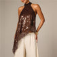Women Halter Neck Sequin Lace Tank Top Sleeveless Asymmetrical Hanky Hem Back Keyhole Cutout Party Club Blouse Tops
