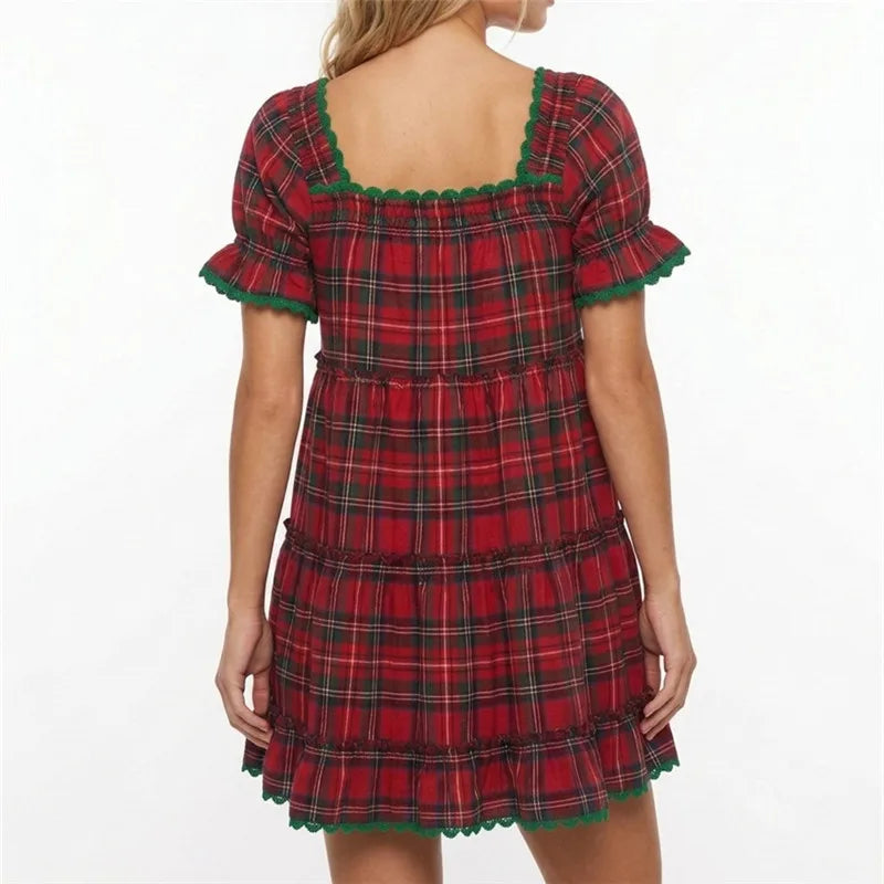 Christmas Plaid Tiered Dress Women Square Neck Puff Sleeve Lace Trim Ruffle Hem A Line Loose Fit Mini Swing Short Dress