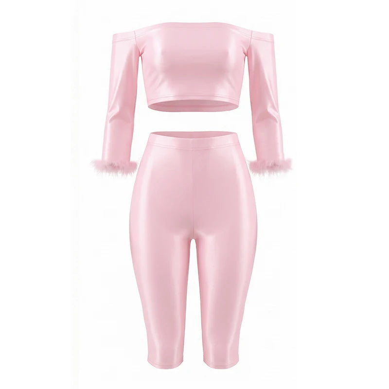 Fashion Satin 2 Piece Set Women Simple Furs Patchwork Slash Neck T-Shirts+Mid-Length Shorts Trend Party Street Suits