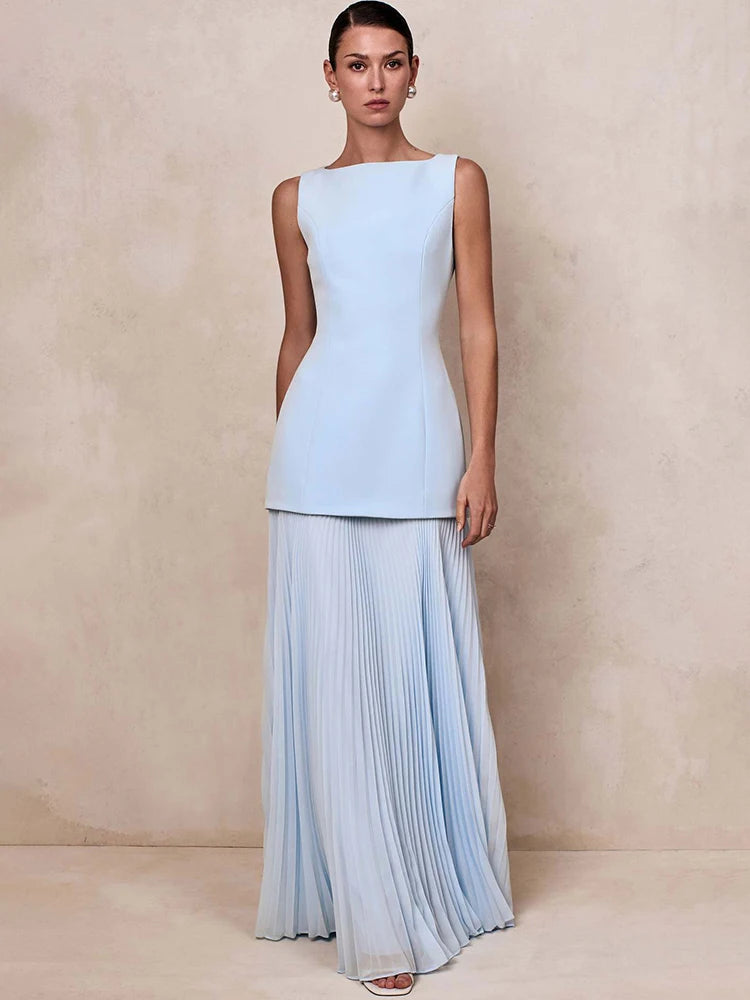 Elegant Two Piece Maxi Dress Women Fashion Boat Neck Sleeveless Bodycon Pleated Club Party Long Dress Female Vestidos