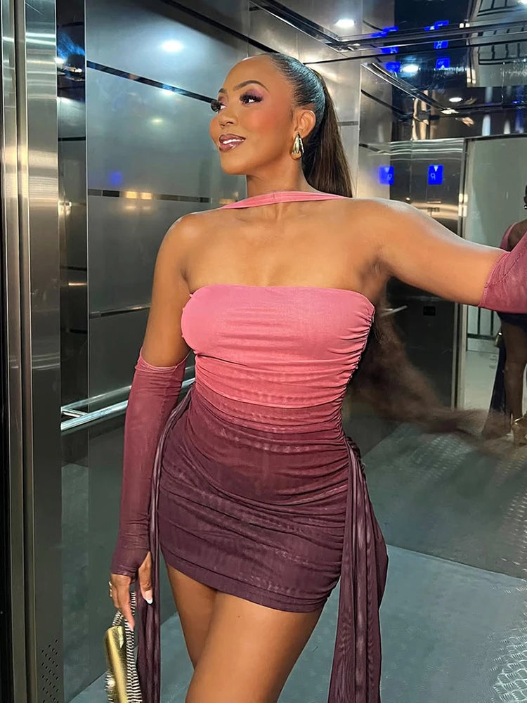 Sexy See Through Dress+Shawl Women Side Ribbon Ruched Coquette Skinny Midnight Clubwear Summer Vacation Party Bodycon