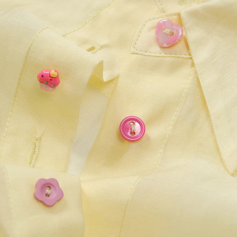 Women's Sweet Oversized Chiffon Shirt, Colorful Buttons Cake Detail Blouse, Casual Versatile Long Sleeve Top