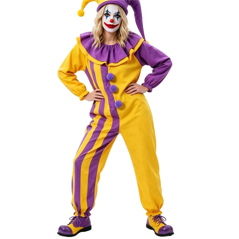 Adult Circus Clown Cosplay Costume Striped Long Sleeve Loose Jumpsuit Ruffled Collar Carnival Fancy Dress
