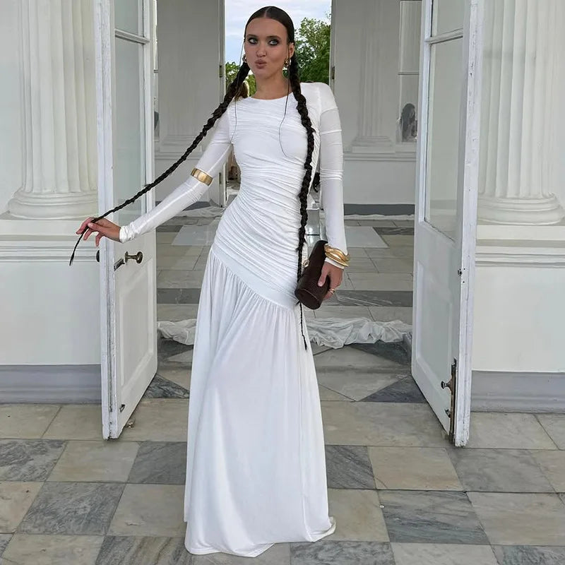 Autumn Long Sleeve Ruched Sexy Maxi Dress For Women Fashion Elegant Solid Bodycon Club Party Long Dresses Female 2025