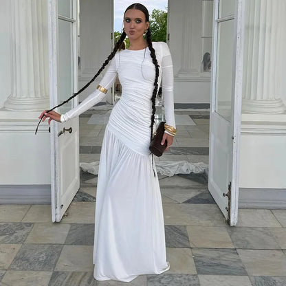Autumn Long Sleeve Ruched Sexy Maxi Dress For Women Fashion Elegant Solid Bodycon Club Party Long Dresses Female 2025