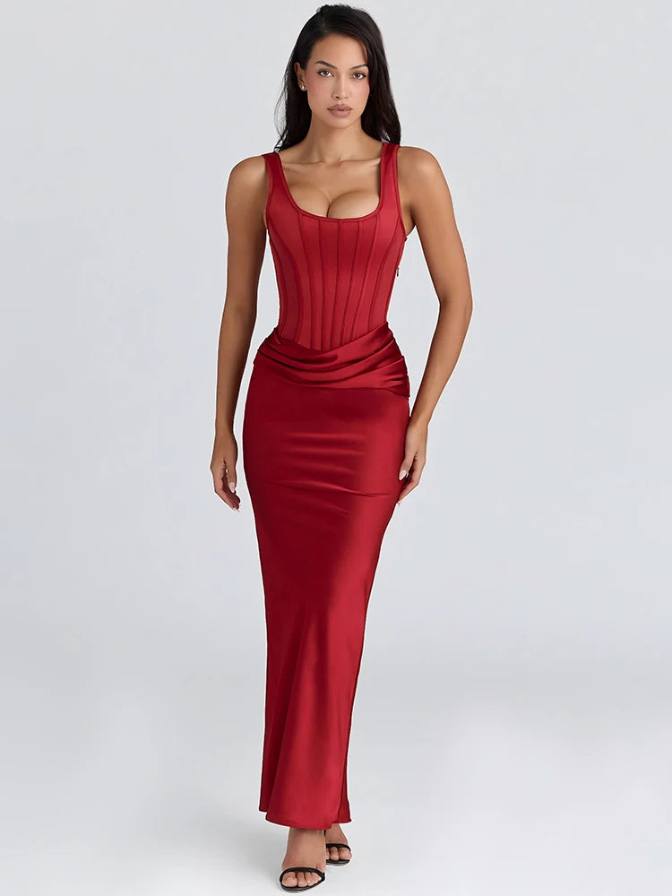 Backless Ruched Sexy Maxi Dress Women Gown Elegant Square Collar Sleeveless High Waist Bodycon Club Party Long Dresses