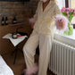Women Feather Trim Satin Pajama Set Lapel Long Sleeve Top Wide Leg Pants Elegant Sleepwear Bachelorette Party Nightwear