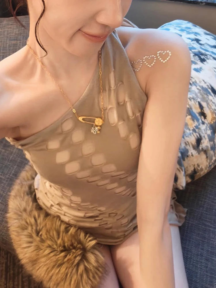 Hollow Vest Women Slanted Shoulder Skinny Sexy Irregular Hem Music Festival Hip-Hop Style Summer Classic Streetwear