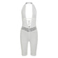 Sexy Backless Halter Romper Women Hottie Lace Patchwork Deep V-Neck Ruched Bandages Sleeveless Trend Party CLubwear