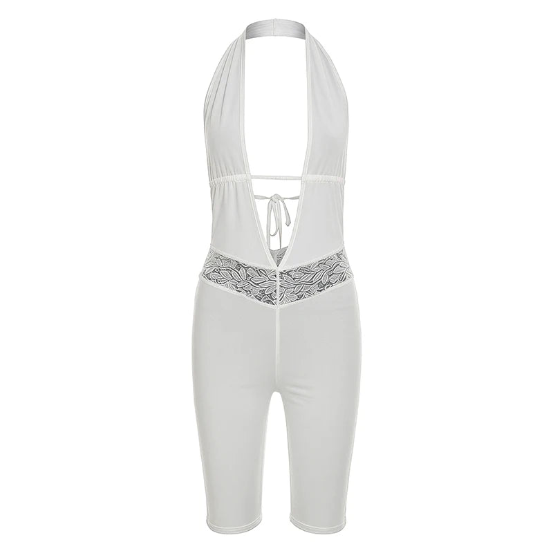 Sexy Backless Halter Romper Women Hottie Lace Patchwork Deep V-Neck Ruched Bandages Sleeveless Trend Party CLubwear