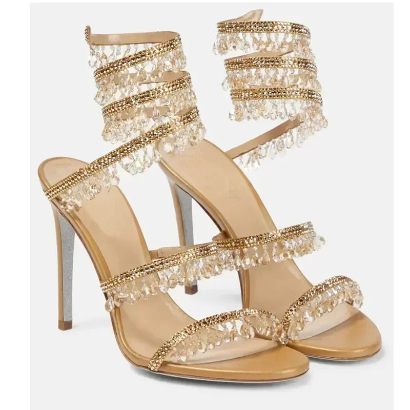 Women's New Water Diamond Sandals Fashion Tassel Crystal Shoes Sexy Banquet Party Twin Stiletto Women's Large Sandals