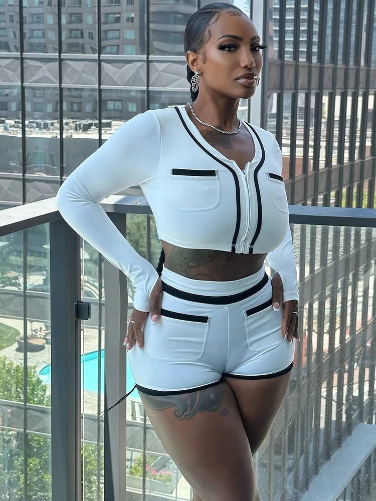 Pocket Tracksuit 2 Piece Set Woman Casual Zip Crop Tops+Shorts Matching Simple Sporty Matching Streetwear Outfits