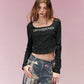 Cropped Long-Sleeve T-shirt with Letter Print, Y2K U-Neck Streetwear Tops for Women, Fashion Casual Tee for Daily Outfit