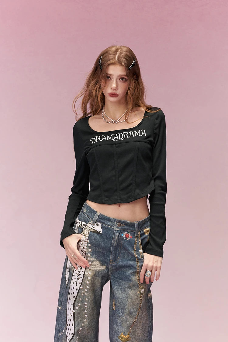 Cropped Long-Sleeve T-shirt with Letter Print, Y2K U-Neck Streetwear Tops for Women, Fashion Casual Tee for Daily Outfit