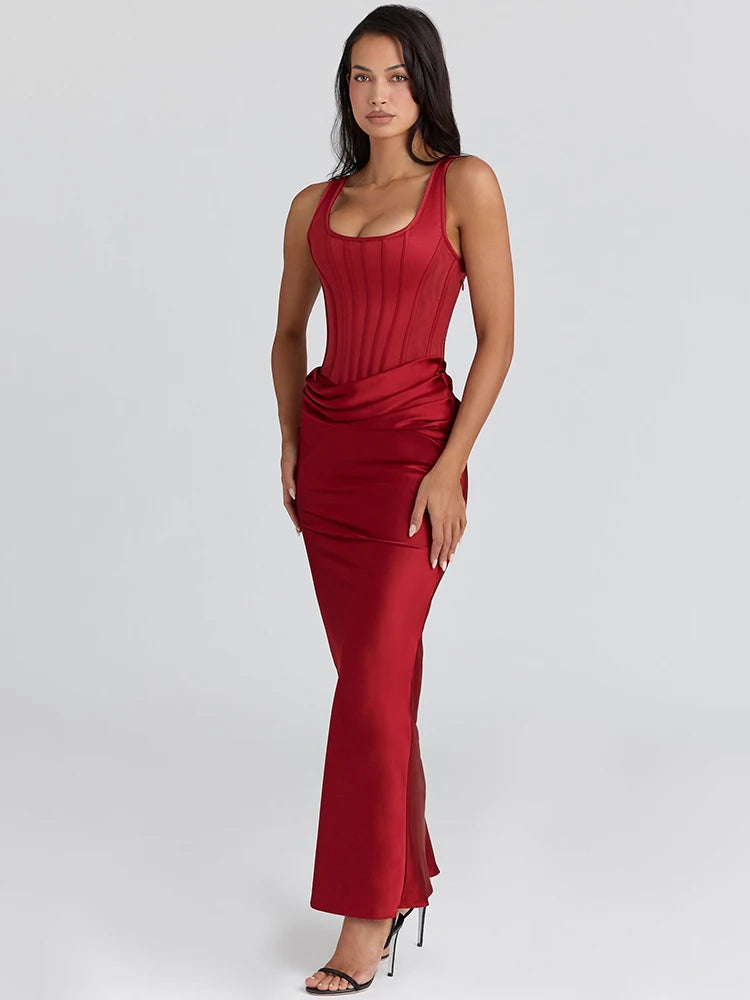 Backless Ruched Sexy Maxi Dress Women Gown Elegant Square Collar Sleeveless High Waist Bodycon Club Party Long Dresses