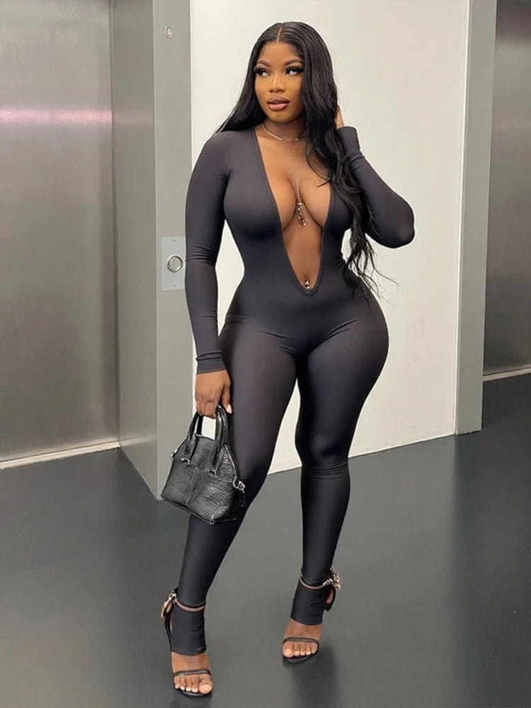 Backless Sexy Jumpsuit Women Basic Classics Deep V Neck Full Sleeve Backless Trend Midnight Clubwear Workout Overalls