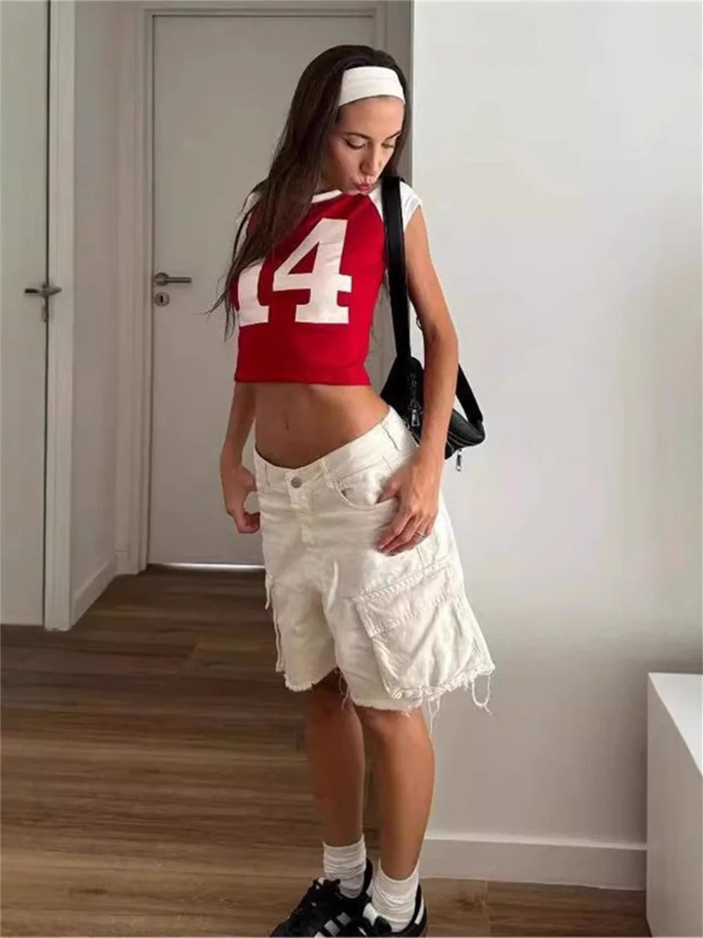 Basic Crop Tops Women Daily Digital Print Color-Block shorts Sleeve Summer Trend Stretch Casual Streetwear T-Shirt