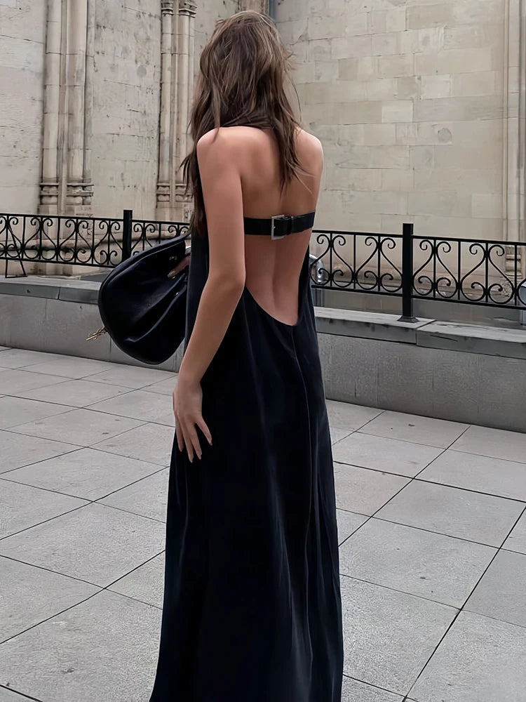 Metal Buckle Patchwork Dress Women Fashion Classic Backless Sleeveless Elegant Chic Banquet Party Street Maxi Bodycon