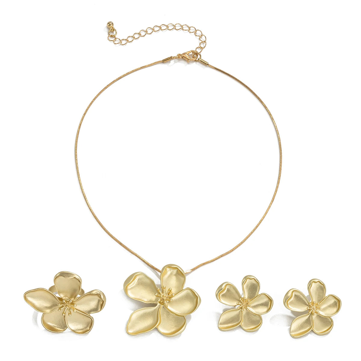 Goth Petal Flower Pendant Thin Chain Necklace Stud Earrings Rings for Women Wed Bridal Jewelry Set Engagement Gift New