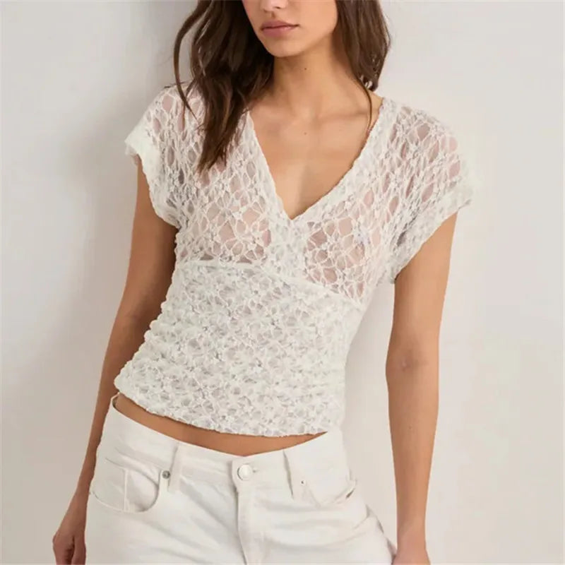 Women Sheer Lace Tops Solid Slim Fit V Neck Cap Sleeve See Through Crop Shirts for Summer Going Out Office Streetwear